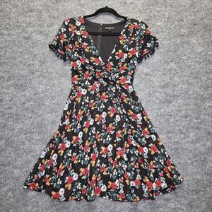 Smak Parlour Dress Womens XS Black Floral Fit & Flare Pom Pom Sleeve Chiffon